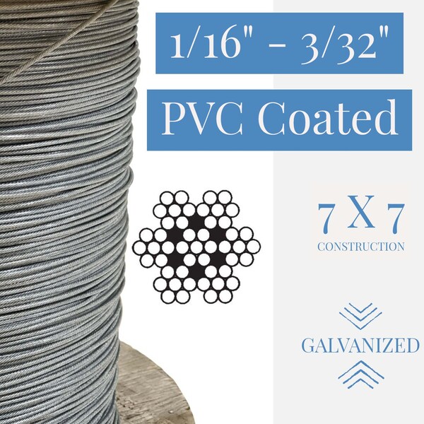 1/16 To 3/32 PVC Coated Clear Color Galvanized Cable 7x7 Strand Aircraft Cable Wire Rope, 50 Ft